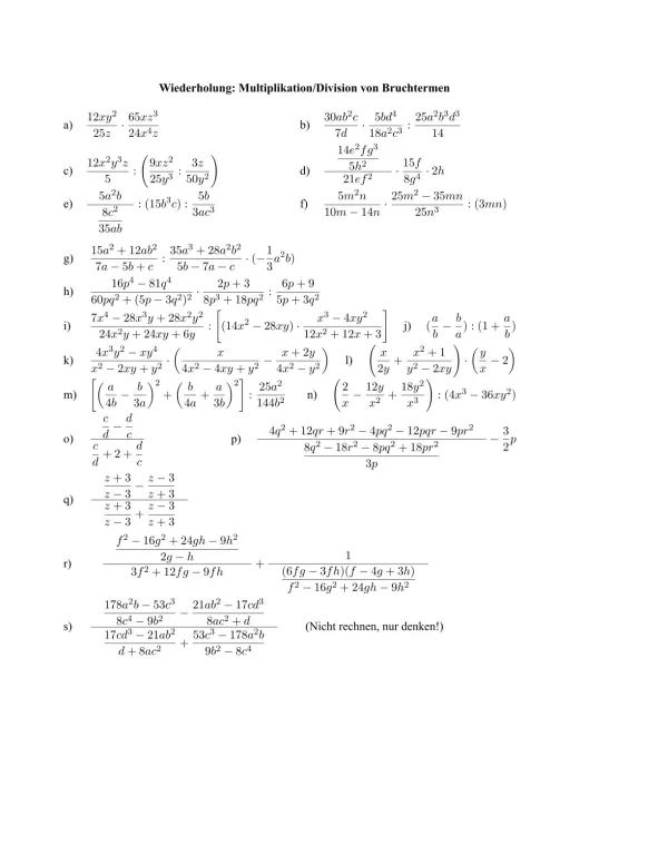 Arbeitsblatt: Multiplikation/ Division von Bruchtermen