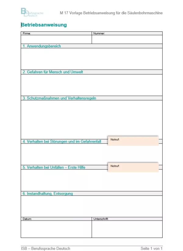 Arbeitsblatt: Vorlage Betriebsanweisung für die Säulenbohrmaschine
