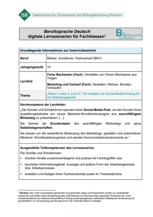 Unterrichtsplanung: „Make it, bake it, post it!“: Wir erstellen ein Social-Media-Posting für ein Mürbeteiggebäck (PDF)