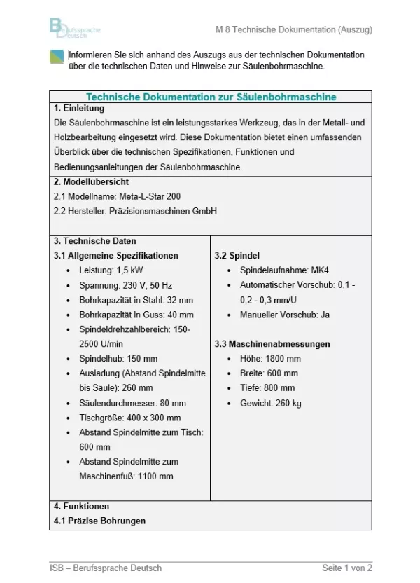 Arbeitsblatt: Technische Dokumentation zur Säulenbohrmaschine (Infotext)