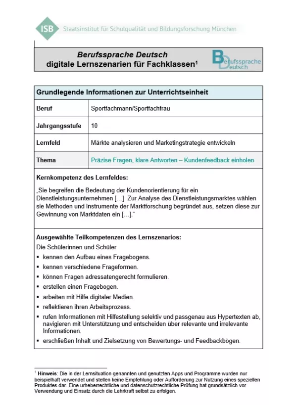 Unterrichtsplanung: Präzise Fragen, klare Antworten – Kundenfeedback einholen (PDF)