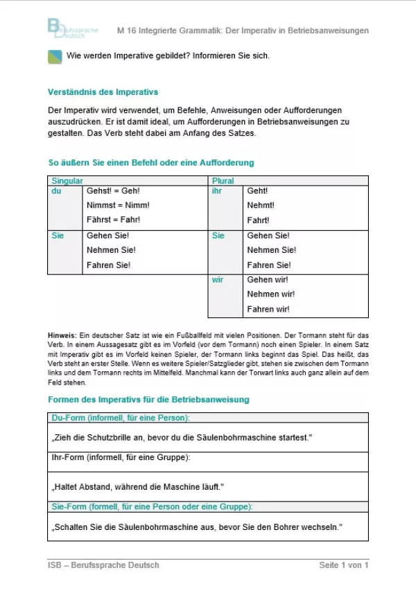 Arbeitsblatt: Integrierte Grammatik: Der Imperativ in Betriebsanweisungen