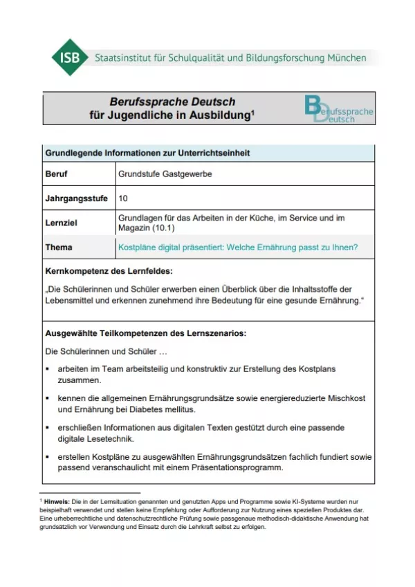 Unterrichtsplanung: Kostplan: Welche Ernährung passt zu mir? (Neue Version - PDF)