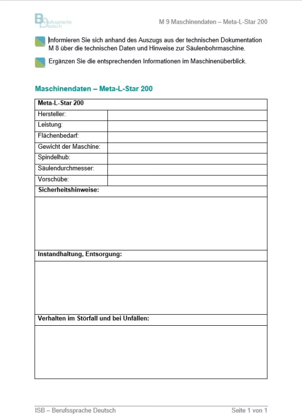 Arbeitsblatt: Technische Dokumentation zur Säulenbohrmaschine (Arbeitsblatt)