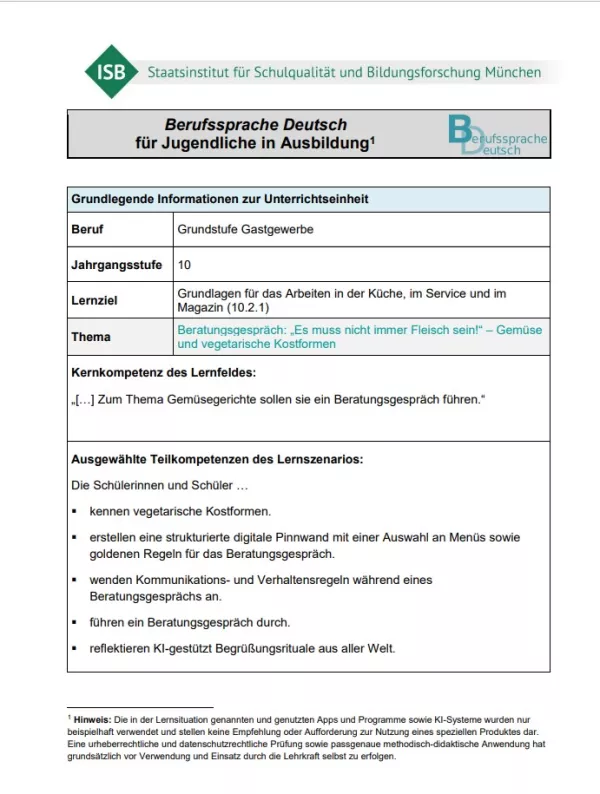 Unterrichtsplanung: Beratungsgespräch: „Es muss nicht immer Fleisch sein!“ (Neue Version, PDF)