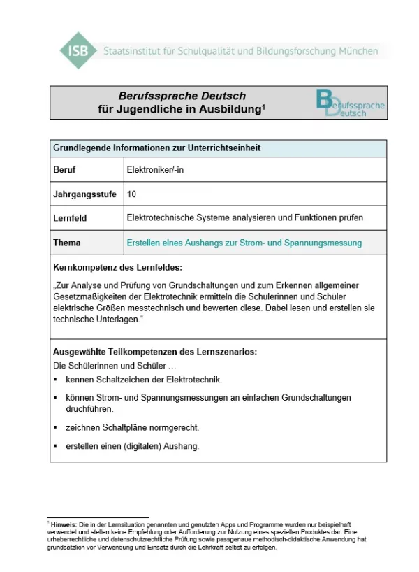 Unterrichtsplanung: Erstellen eines Aushangs zur Strom- und Spannungsmessung (PDF)