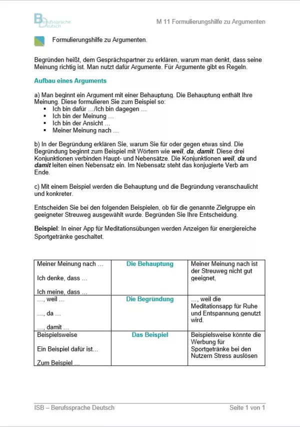 Arbeitsblatt: Formulierungshilfe zu Argumenten