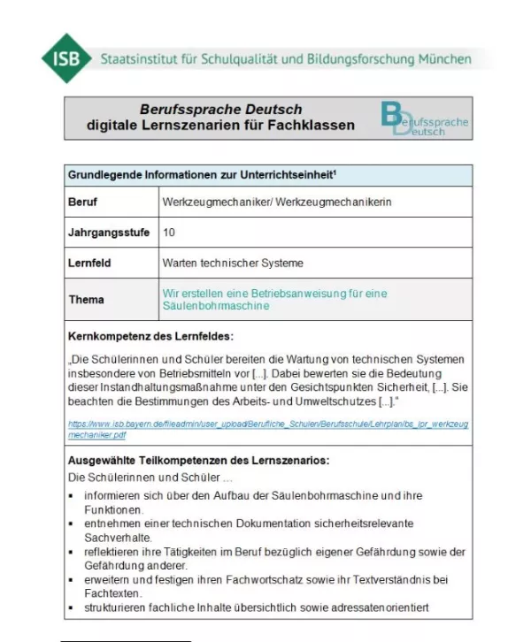 Unterrichtsplanung: Wir erstellen eine Betriebsanweisung für eine Säulenbohrmaschine (PDF)