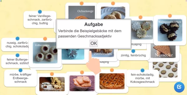 Interaktion: Zuordnung von Adjektiven zu Gebäck (Learningapp)