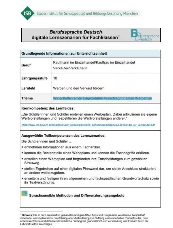 Unterrichtsplanung: Wir erstellen einen begründeten Vorschlag für einen Werbeplan (DOCX)