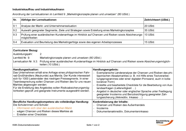 Unterrichtsplanung: Marketingkonzepte planen und umsetzen: Prüfung einer ausländischen Kundenanfrage