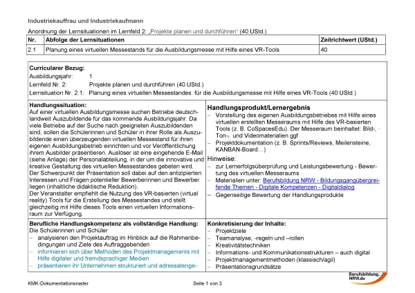 Unterrichtsplanung: Projekte planen und durchführen: Planung eines virtuellen Messestands für die Ausbilungsmesse mithilfe eines VR-Tools