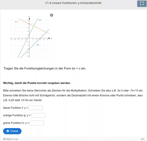 Lernspiel: C1-4 Fill the Blanks: Geben Sie die Funktionsgleichung der Geraden an (Quiz zum Video)