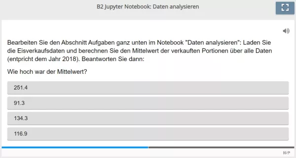 Lernspiel: B2 Single Choice: Daten analysieren (Mittelwert der Eisverkäufe) (Quiz zum Jupyter Notebook)