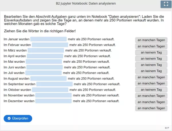 Lernspiel: B2 Drag the words: Daten analysieren (Monate mit hohen Verkaufszahlen) (Quiz zum Jupyter Notebook)