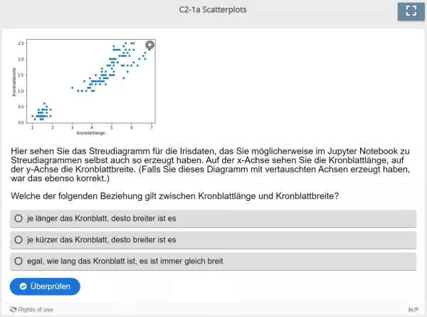 Lernspiel: C2-1 Multiple Choice: Beziehung zwischen Kronblattmaßen bei Iris (Quiz zum Video)