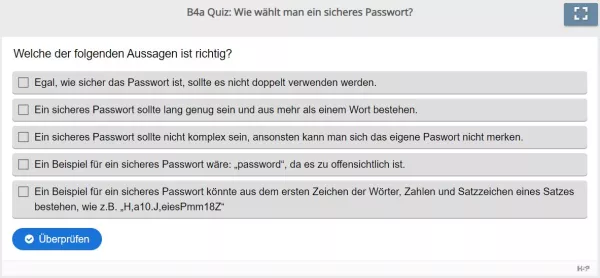 Lernspiel: B4 Multiple Choice: Sichere Passwörter (Quiz zum Video)