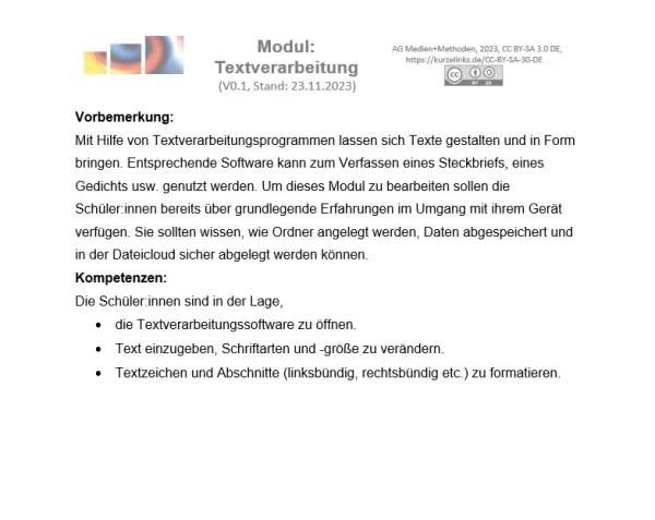 Unterrichtsbaustein: Modul "Textverarbeitung" – Unterrichtsverlauf