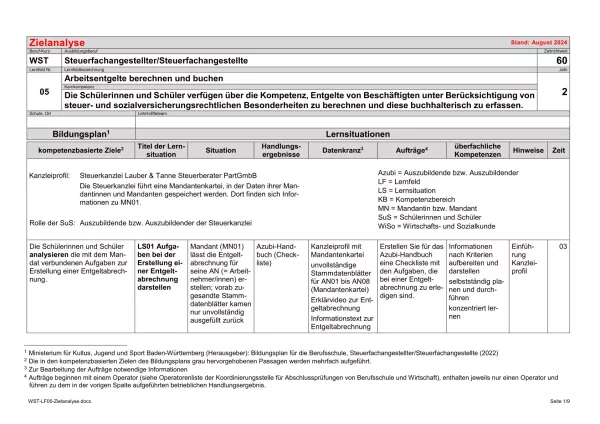 Unterrichtsplanung: Zielanalyse Lernfeld 5 – Arbeitsentgelte berechnen und buchen (PDF, barrierefrei)