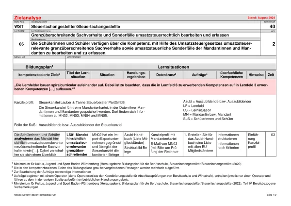 Unterrichtsplanung: Zielanalyse Lernfeld 6 – Grenzüberschreitende Sachverhalte und Sonderfälle umsatzsteuerrechtlich bearbeiten und erfassen (DOCX)