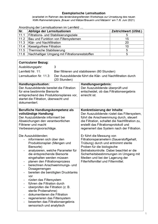 Unterrichtsplanung: Bier filtrieren und stabilisieren: Klär- und Nachfiltration