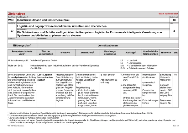 Unterrichtsplanung: Zielanalyse Lernfeld 7 – Logistik- und Lagerprozesse koordinieren, umsetzen und überwachen (PDF, barrierefrei)