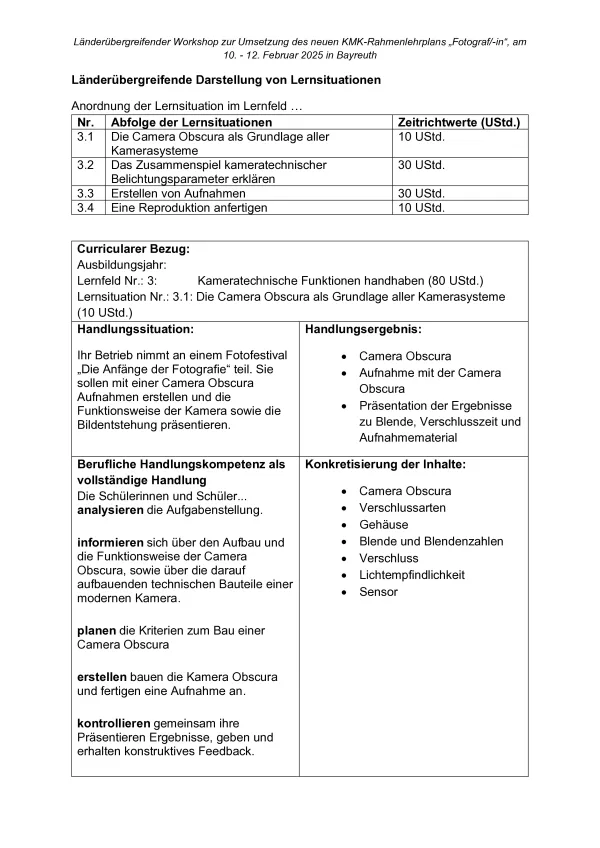 Unterrichtsplanung: Lernsituationen „Kameratechnische Funktionen handhaben“ (LF 3)