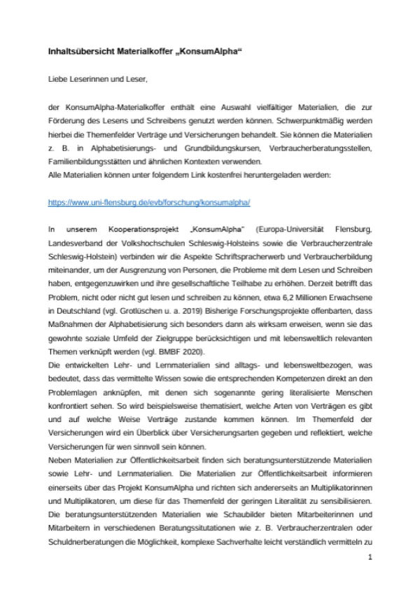 Unterrichtsbaustein: Inhaltsübersicht Materialkoffer „KonsumAlpha“