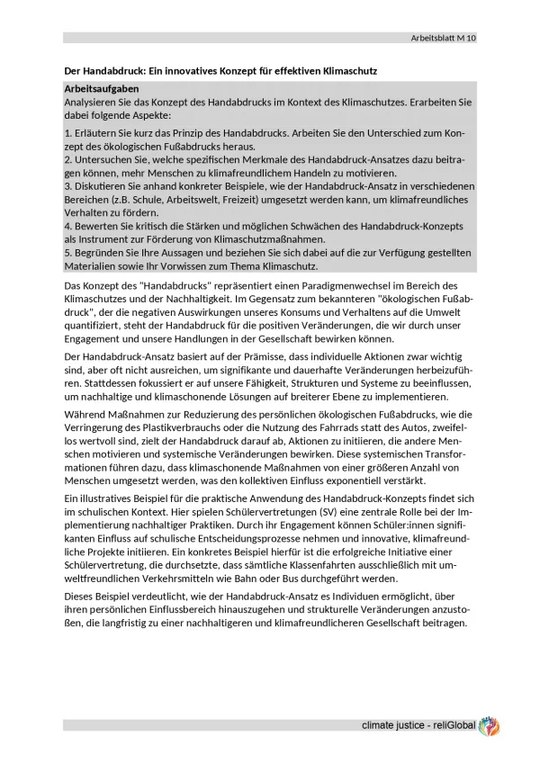 Arbeitsblatt: Der Handabdruck: Ein innovatives Konzept für effektiven Klimaschutz (PDF)