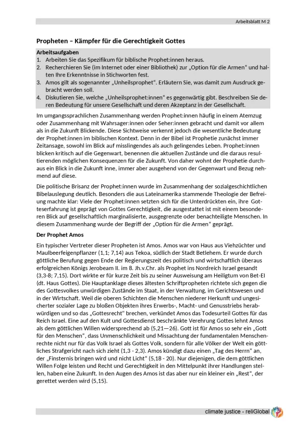 Arbeitsblatt: Propheten - Kämpfer für die Gerechtigkeit Gottes (DOCX)