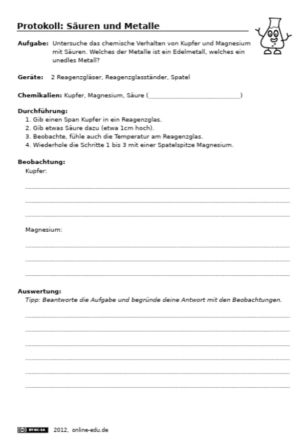 Experiment: Metalle und Säuren