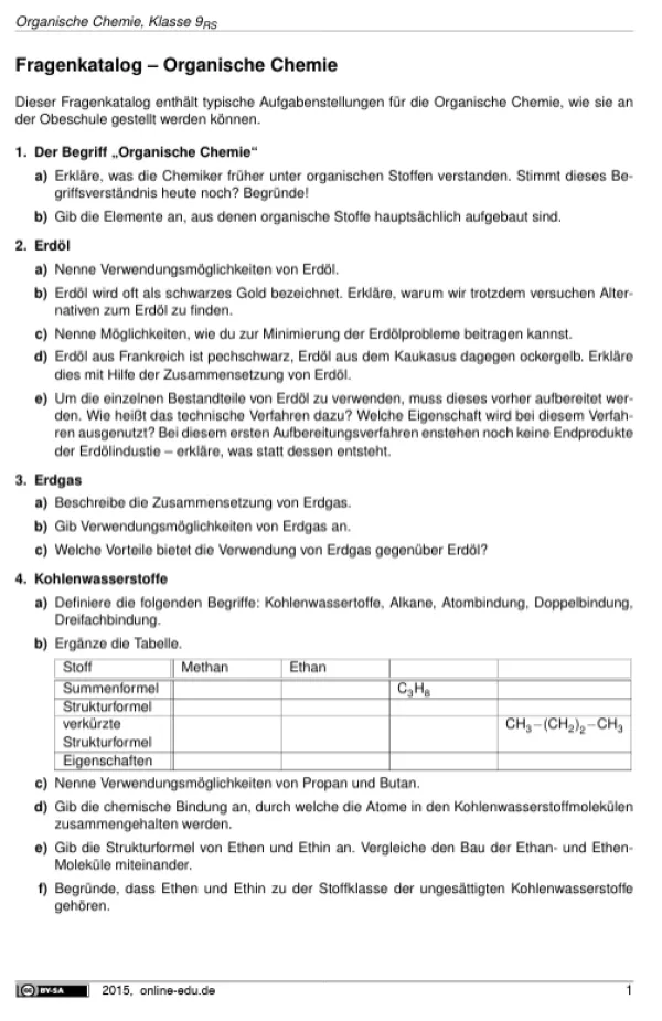Arbeitsblatt: Fragenkatalog Organische Chemie