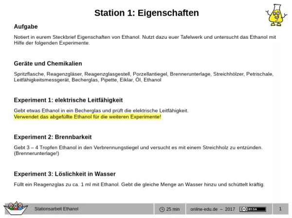 Unterrichtsbaustein: Stationsarbeit Ethanol
