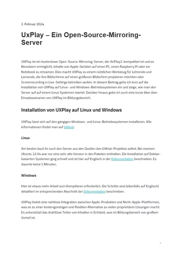 Text: UXPlay - Ein Open-Source-Mirroring-Server
