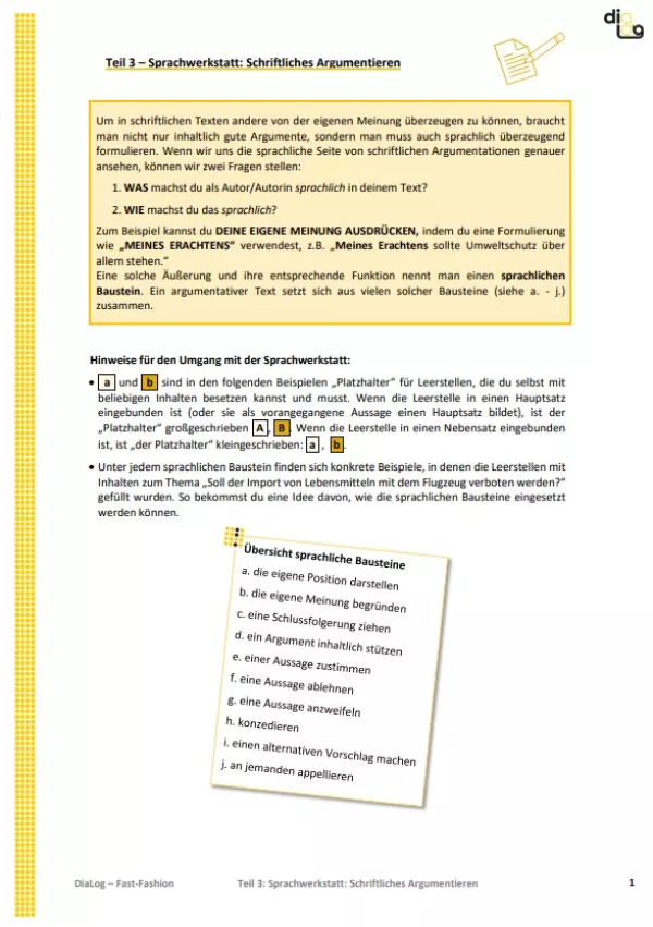 Arbeitsblatt: Fast Fashion | MonoDiaLog und MultiDiaLog | Teil 3: Sprachwerkstatt: Schriftliches Argumentieren