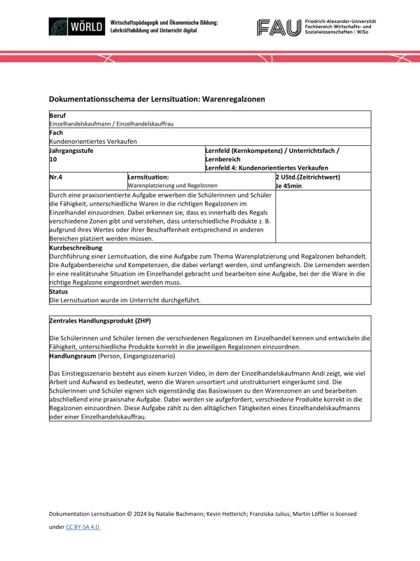 Unterrichtsplanung: Dokumentationsschema der Lernsituation: Warenregalzonen