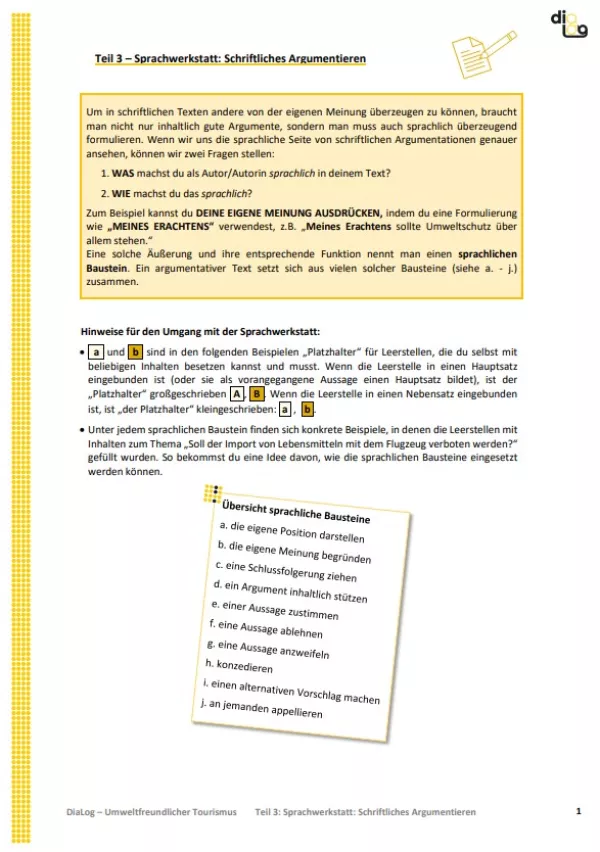 Arbeitsblatt: Umweltfreundlicher Tourismus | MonoDiaLog und MultiDiaLog | Teil 3: Sprachwerkstatt: Schriftliches Argumentieren