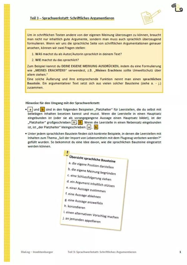 Arbeitsblatt: Insektenburger | MonoDiaLog und MultiDiaLog | Teil 3: Sprachwerkstatt: Schriftliches Argumentieren