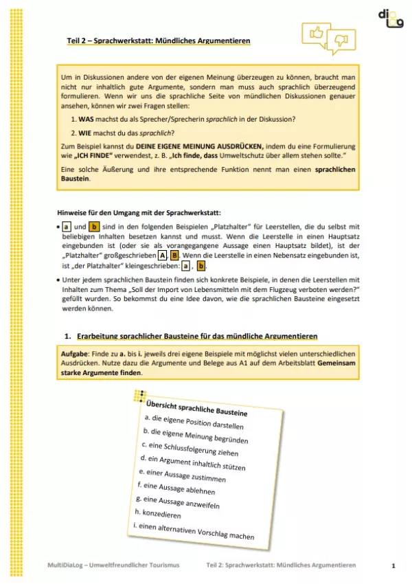 Arbeitsblatt: Umweltfreundlicher Tourismus | MultiDiaLog | Teil 2: Sprachwerkstatt: Mündliches Argumentieren