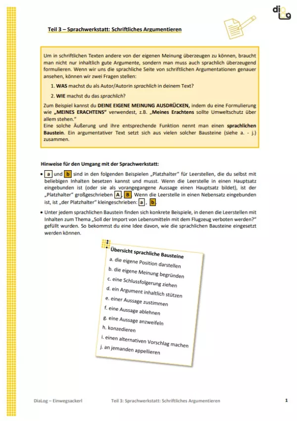 Arbeitsblatt: Einwegtüten | MonoDiaLog und MultiDiaLog | Teil 3: Sprachwerkstatt: Schriftliches Argumentieren