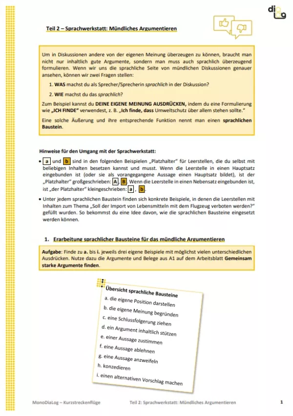 Arbeitsblatt: Kurzstreckenflüge | MonoDiaLog | Teil 2: Sprachwerkstatt: Mündliches Argumentieren