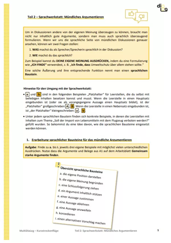 Arbeitsblatt: Kurzstreckenflüge | MultiDiaLog | Teil 2: Sprachwerkstatt: Mündliches Argumentieren
