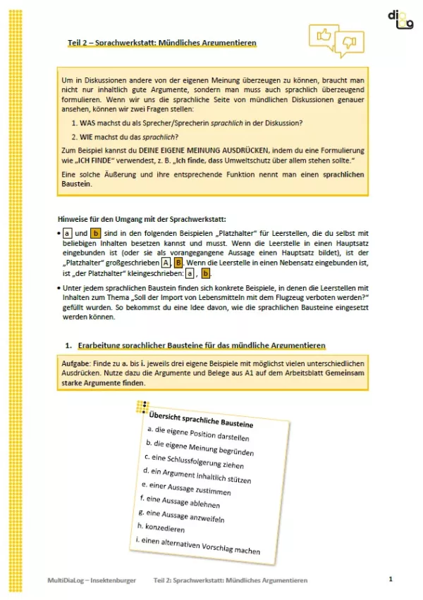 Arbeitsblatt: Insektenburger | MultiDiaLog | Teil 2: Sprachwerkstatt: Mündliches Argumentieren