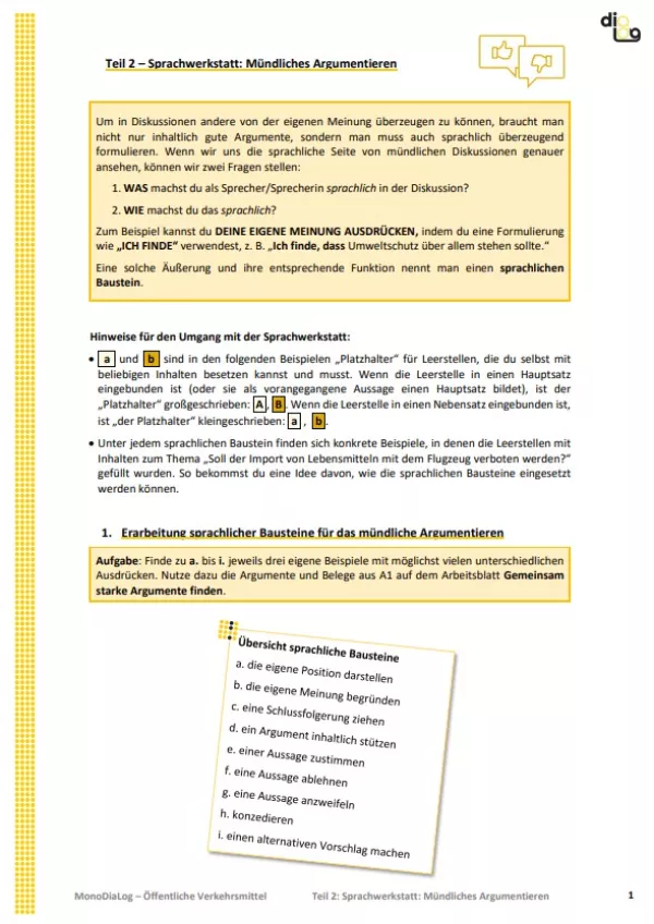 Arbeitsblatt: Öffentliche Verkehrsmittel | MonoDiaLog | Teil 2: Sprachwerkstatt: Mündliches Argumentieren