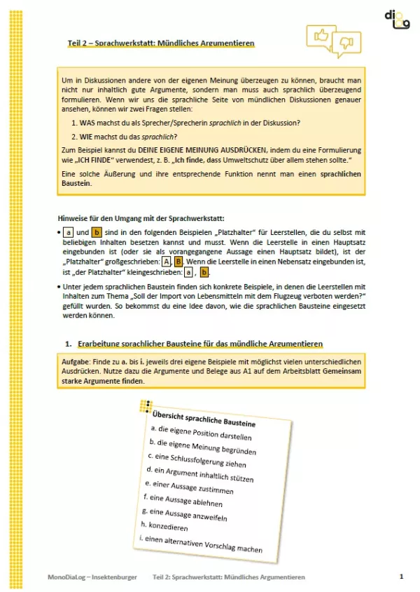 Arbeitsblatt: Insektenburger | MonoDiaLog | Teil 2: Sprachwerkstatt: Mündliches Argumentieren