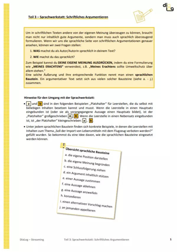 Arbeitsblatt: Streaming | MonoDiaLog und MultiDiaLog | Teil 3: Sprachwerkstatt: Schriftliches Argumentieren