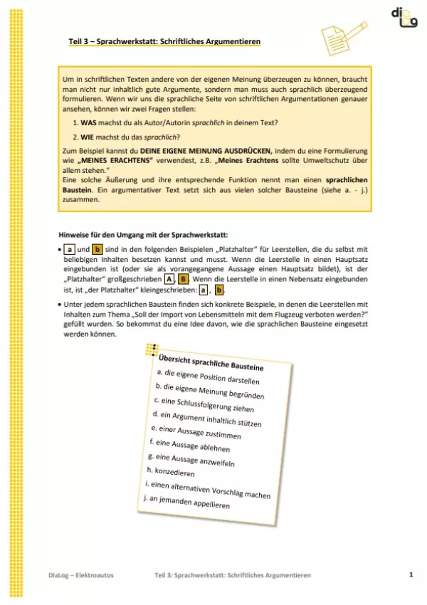 Arbeitsblatt: Elektroautos | MonoDiaLog und MultiDiaLog | Teil 3: Sprachwerkstatt: Schriftliches Argumentieren