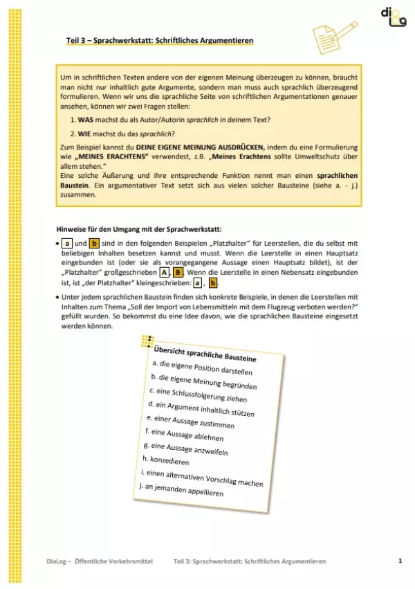 Arbeitsblatt: Öffentliche Verkehrsmittel | MonoDiaLog und MultiDiaLog | Teil 3: Sprachwerkstatt: Schriftliches Argumentieren