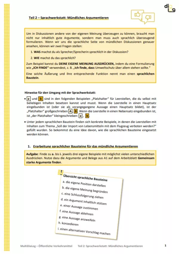 Arbeitsblatt: Öffentliche Verkehrsmittel | MultiDiaLog | Teil 2: Sprachwerkstatt: Mündliches Argumentieren