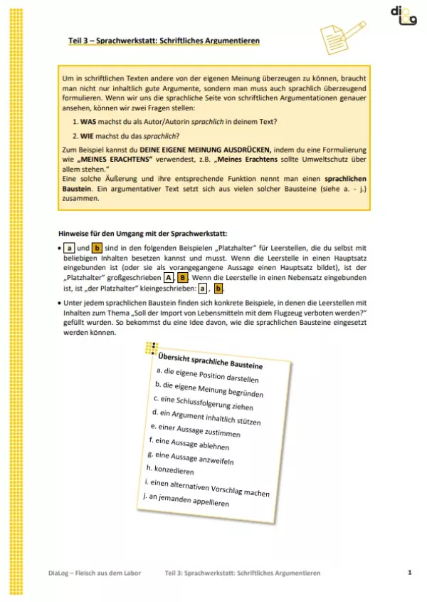Arbeitsblatt: Fleisch aus dem Labor | MonoDiaLog und MultiDiaLog | Teil 3: Sprachwerkstatt: Schriftliches Argumentieren